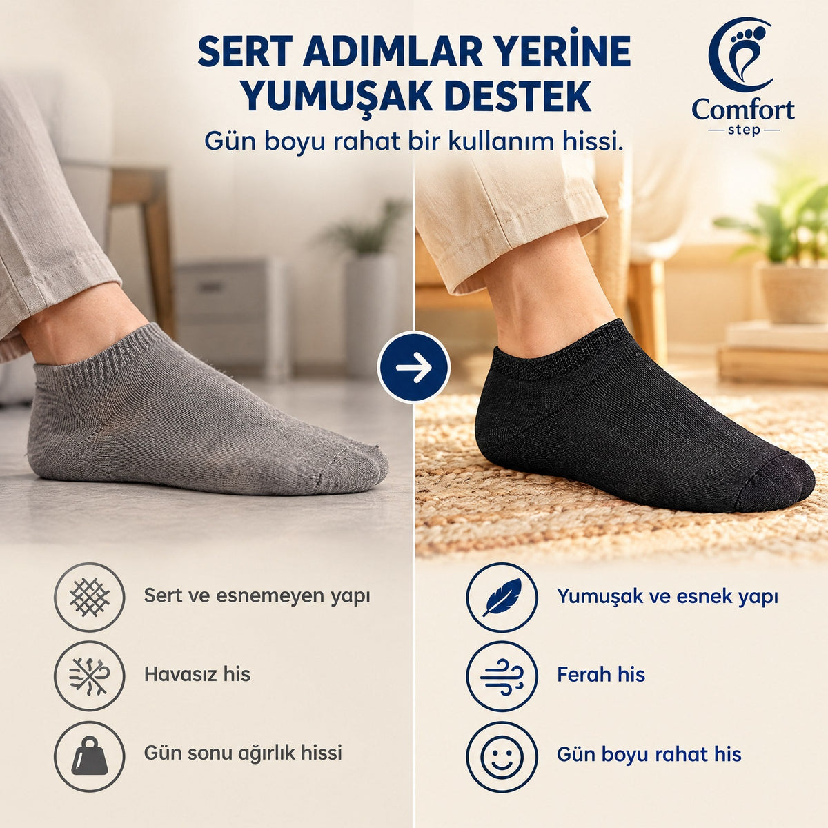 ComfortStep Çoraplar – sert ve yumuşak adım karşılaştırması